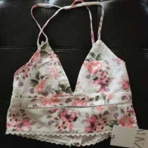 ❗Zara Pink and Purple Floral Criss Cross Low Back Crop Top Small❗